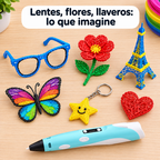 Lentes, flores y llaveros hechos con el lápiz 3D