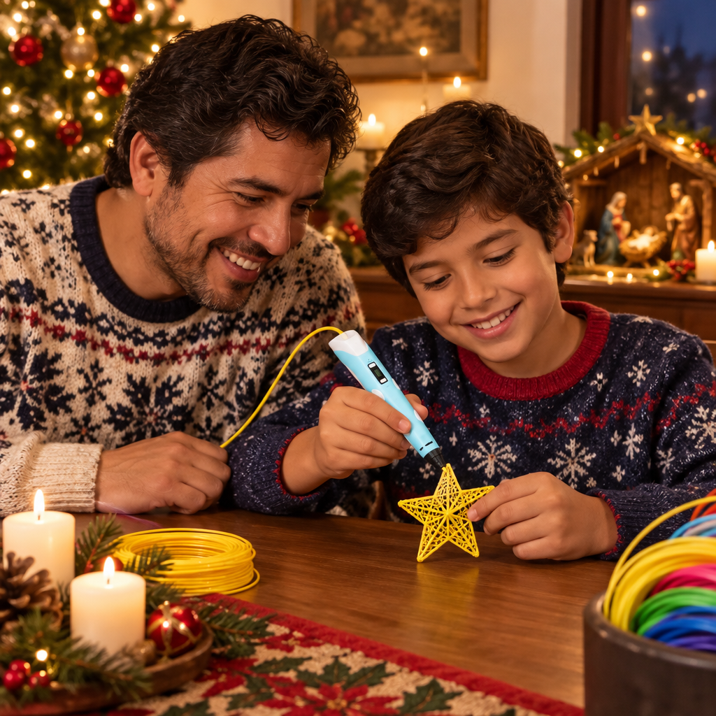 Papá e hijo haciendo una estrella de Navidad