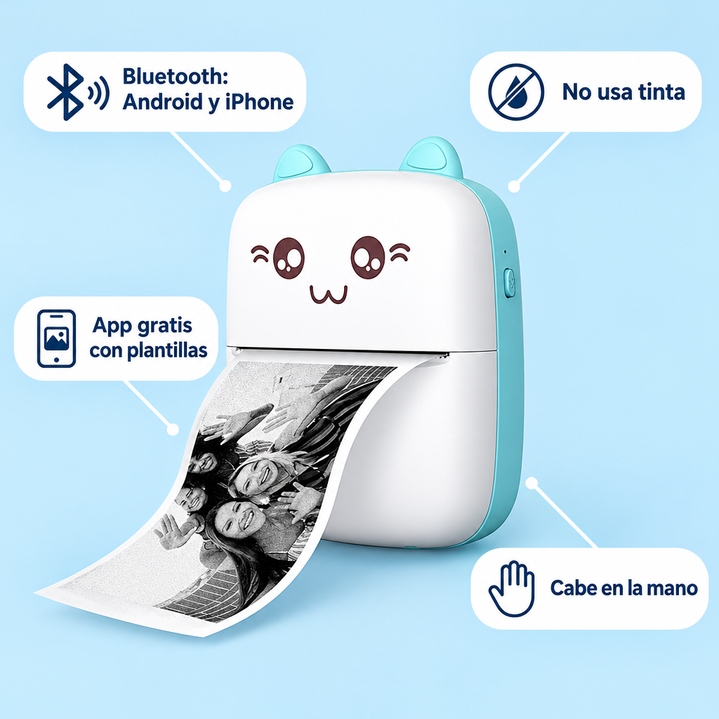 Bluetooth, sin tinta, app gratis, cabe en la mano