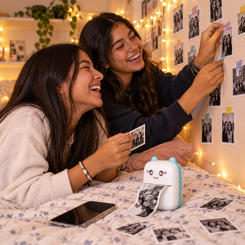 Amigas pegando sus fotos en la pared