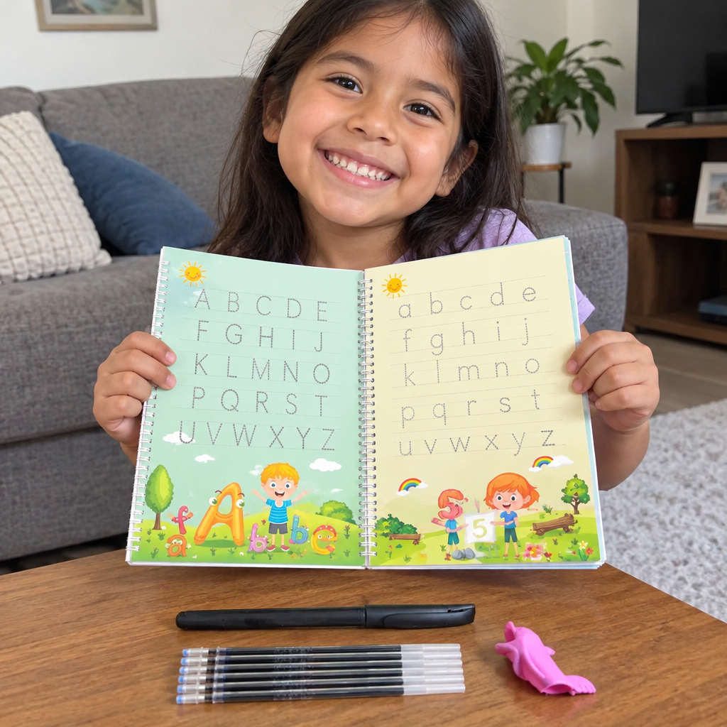 Niña mostrando su abecedario